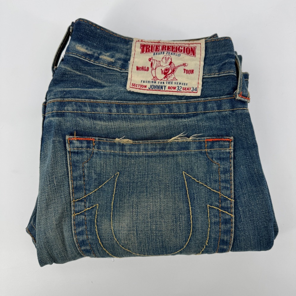 Vintage True Religion Johnny 32 Mens Big T Blue Denim Jeans Made in USA Straight